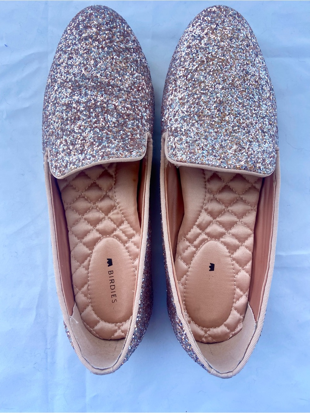 Birdies Starling Flats,Rose Gold Crushed Glitter Finish, Womens size 8